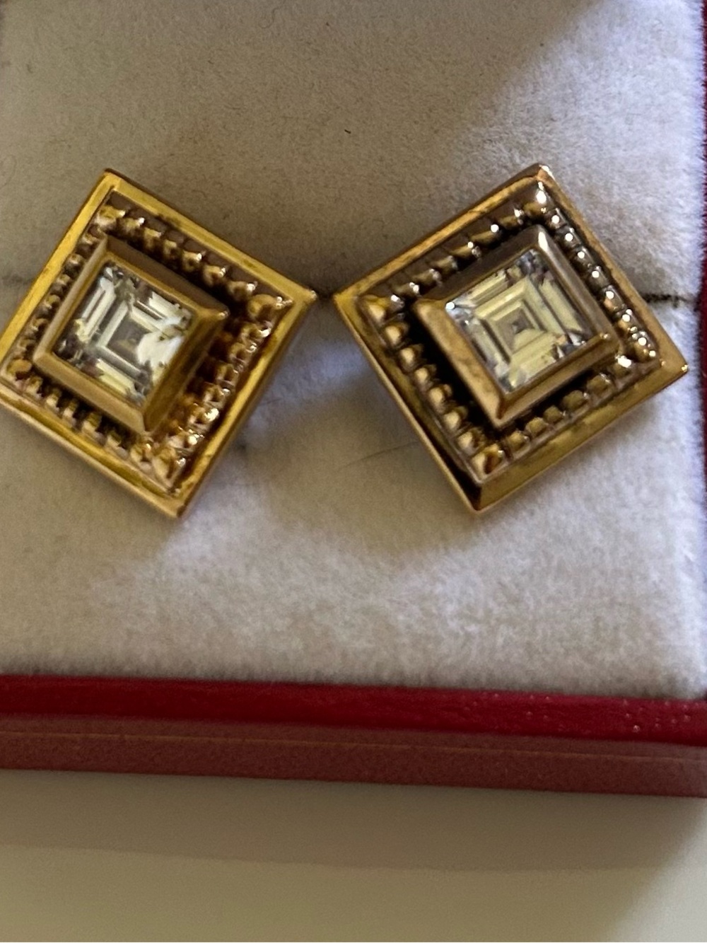 Vintage 925 Sterling Silver Gold Vermeil CZ Square Pierced Earrings
